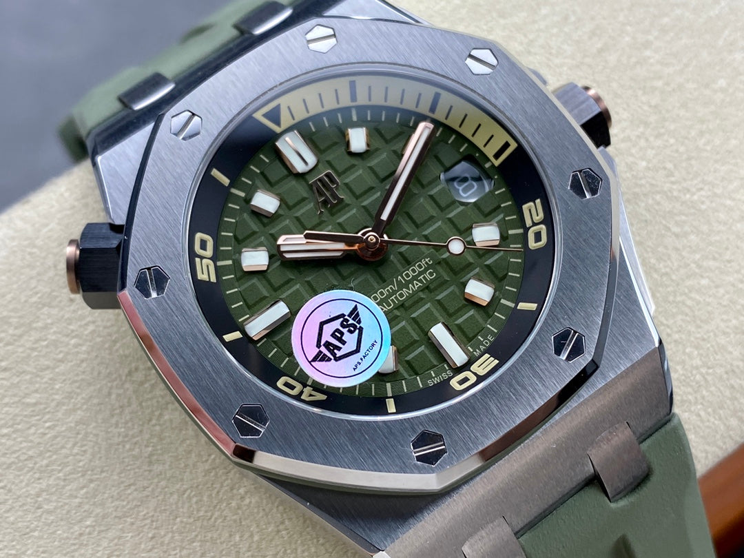 Royal Oak Offshore Diver 15720 SS APSF 1:1 Best Edition Green Dial on Green Rubber Strap A4308 Super Clone