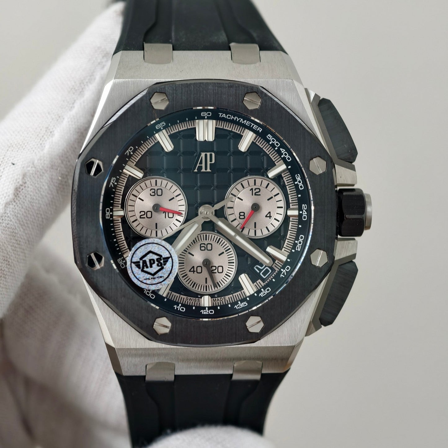 Royal Oak Offshore 26420 SS Ceramic Bezel APSF 1:1 Best Edition Black/Silver Dial on Black Rubber Strap SA4401 Super Clone