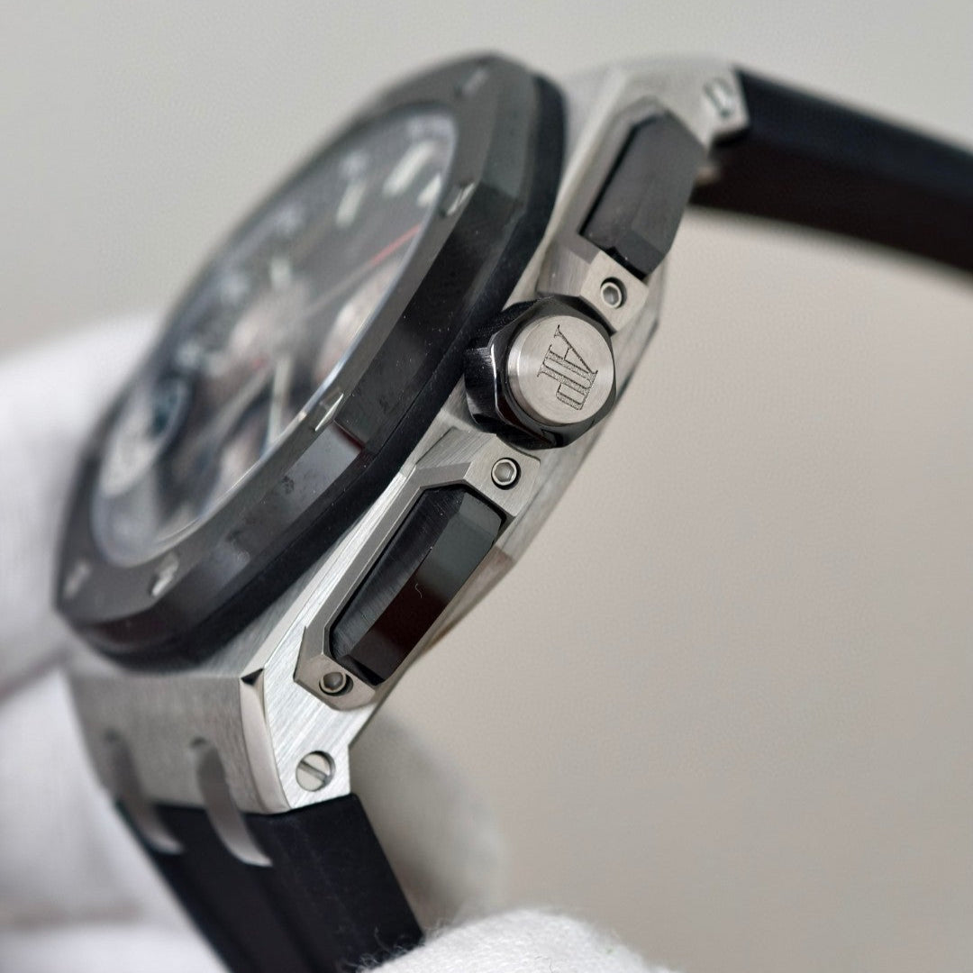 Royal Oak Offshore 26420 SS Ceramic Bezel APSF 1:1 Best Edition Black/Silver Dial on Black Rubber Strap SA4401 Super Clone