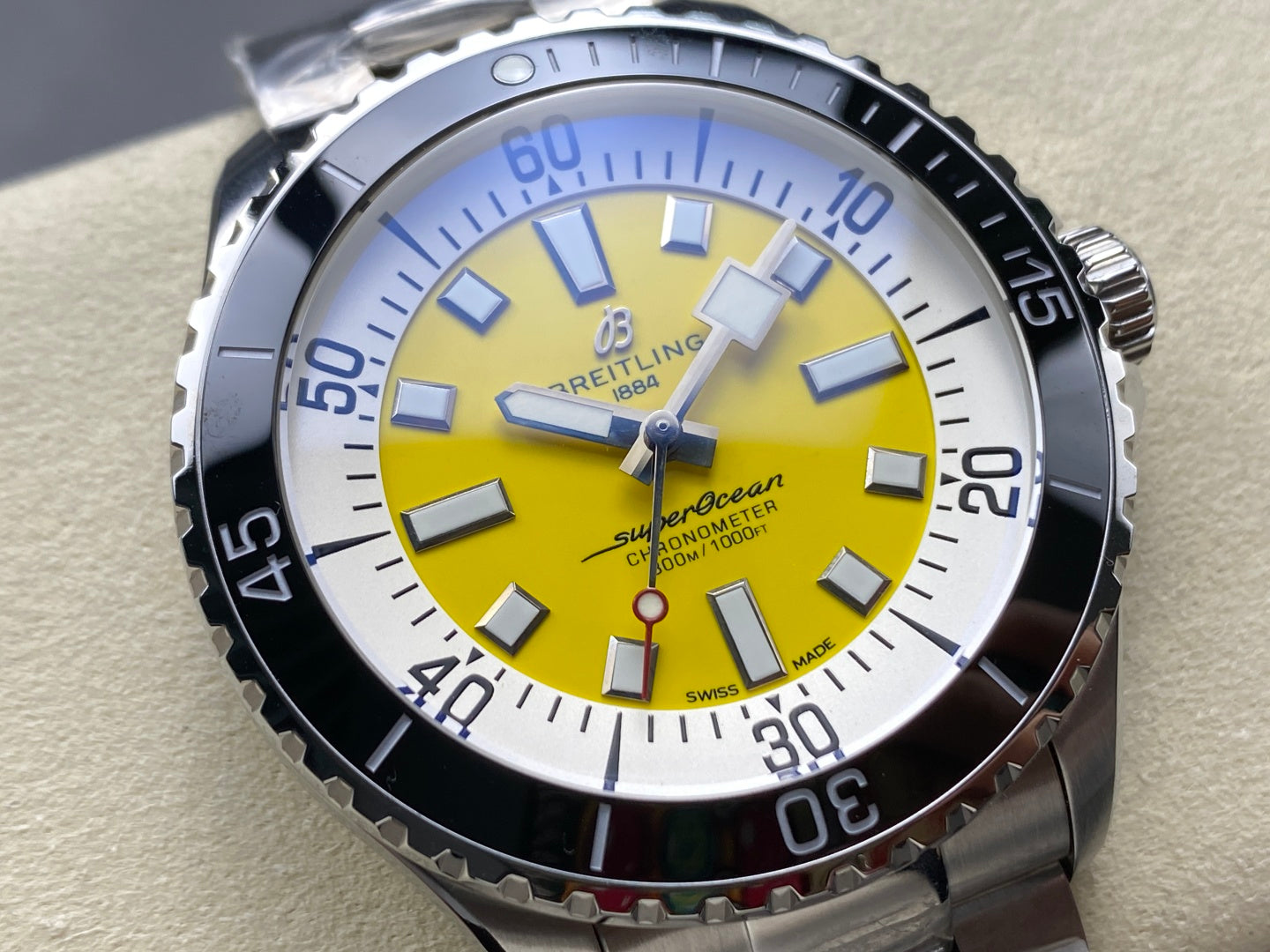 SuperOcean Automatic 44 SS Black Bezel TF 1:1 Best Edition Yellow Dial on SS Bracelet A2824