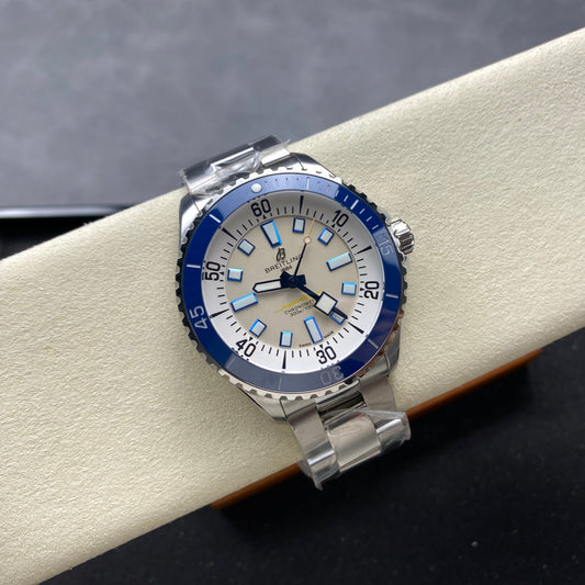 SuperOcean Automatic 44 SS Blue Bezel TF 1:1 Best Edition Cream Dial on SS Bracelet A2824