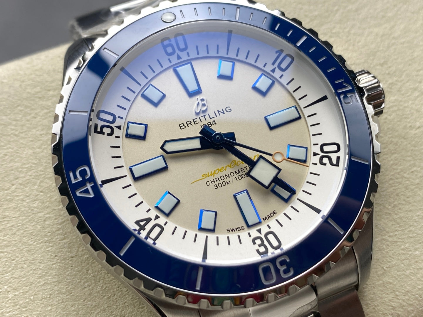 SuperOcean Automatic 44 SS Blue Bezel TF 1:1 Best Edition Cream Dial on SS Bracelet A2824