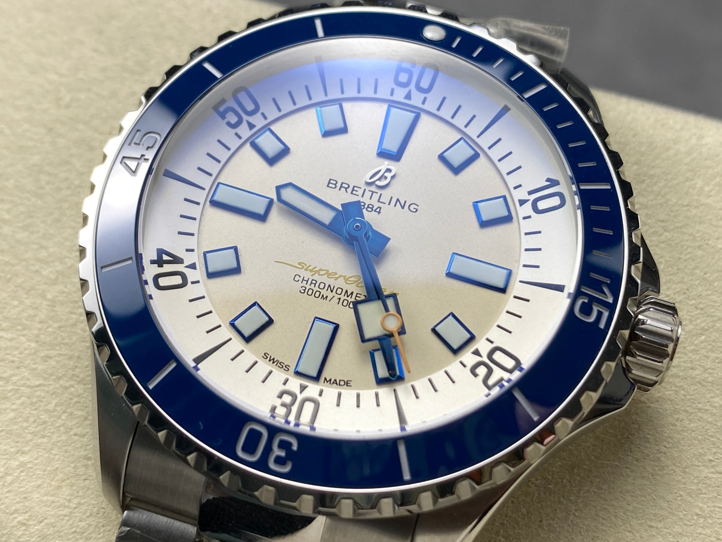 SuperOcean Automatic 44 SS Blue Bezel TF 1:1 Best Edition Cream Dial on SS Bracelet A2824