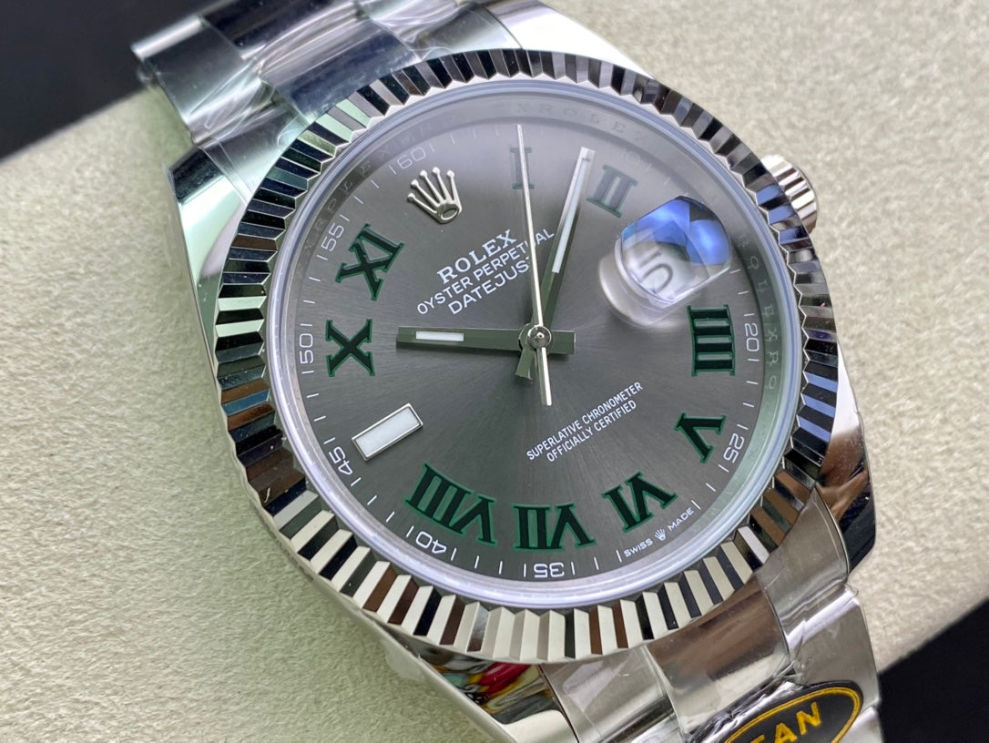 DateJust 41 126334 Clean 1:1 Best Edition 904L Steel Gray Dial Green Roman on Oyster Bracelet DD3235