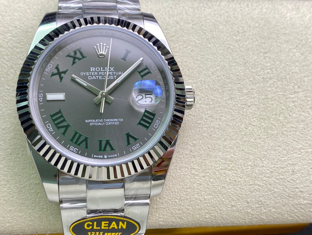 DateJust 41 126334 Clean 1:1 Best Edition 904L Steel Gray Dial Green Roman on Oyster Bracelet DD3235