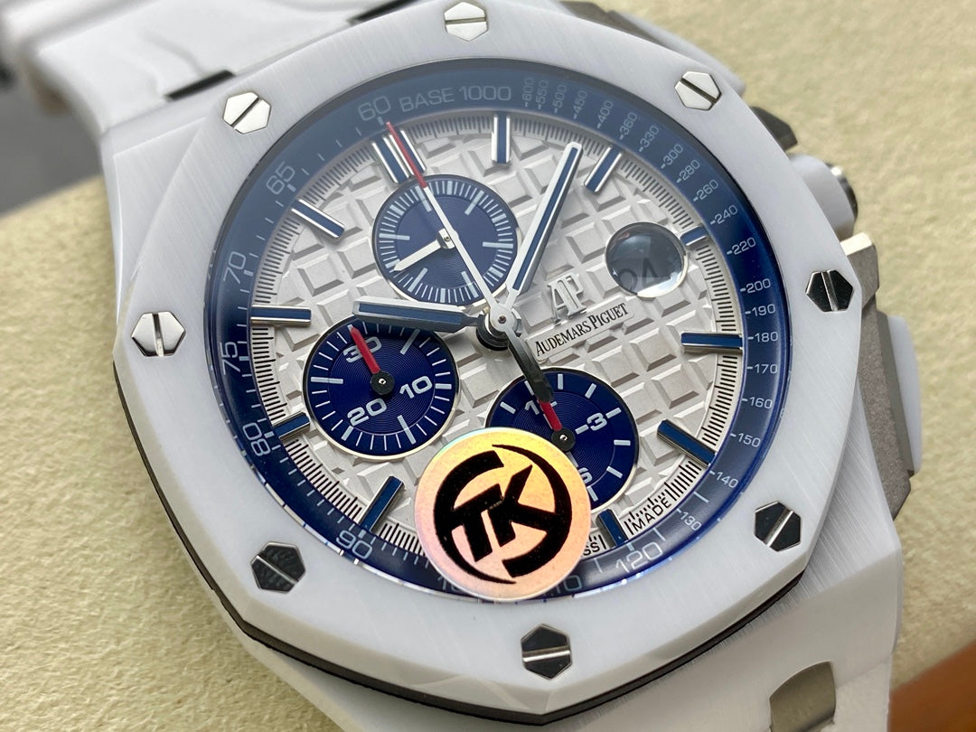 Royal Oak Offshore 44mm White Ceramic TKF 1:1 Best Edition White Dial on White Rubber Strap A3126