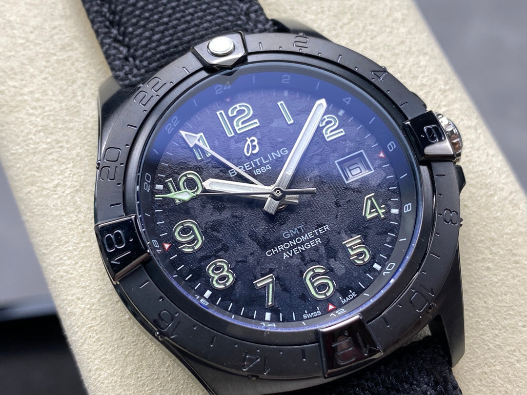 Avenger Chronometer 42mm GMT DLC BLSF 1:1 Best Version Black Dial On Black Nylon Strap A2836