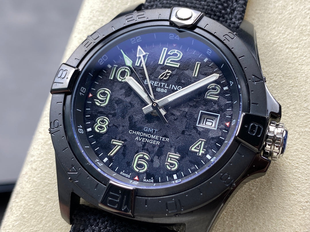 Avenger Chronometer 42mm GMT DLC BLSF 1:1 Best Version Black Dial On Black Nylon Strap A2836