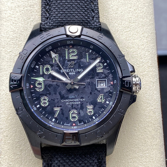 Avenger Chronometer 42mm GMT DLC BLSF 1:1 Best Version Black Dial On Black Nylon Strap A2836