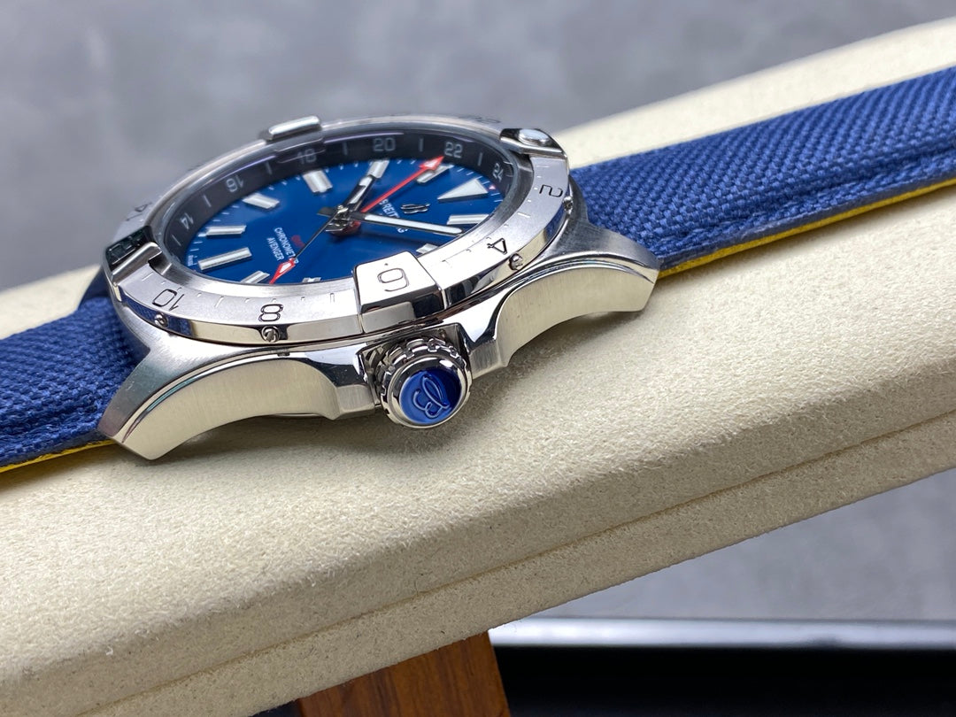 Avenger Chronometer 42mm GMT SS BLSF 1:1 Best Version Blue Dial On Blue Nylon Strap A2836