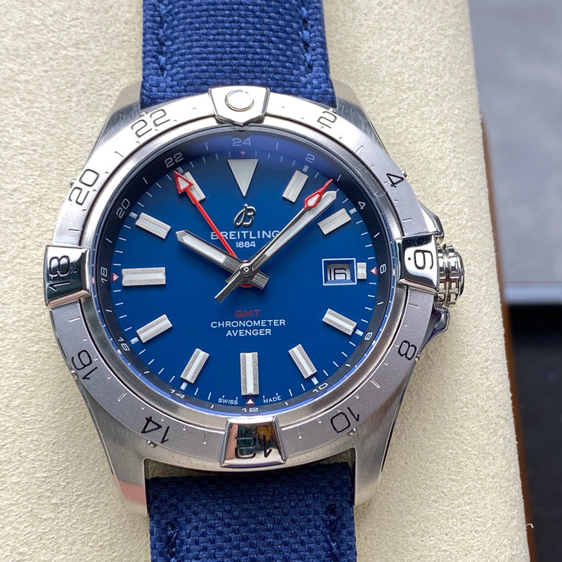 Avenger Chronometer 42mm GMT SS BLSF 1:1 Best Version Blue Dial On Blue Nylon Strap A2836