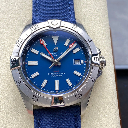 Avenger Chronometer 42mm GMT SS BLSF 1:1 Best Version Blue Dial On Blue Nylon Strap A2836