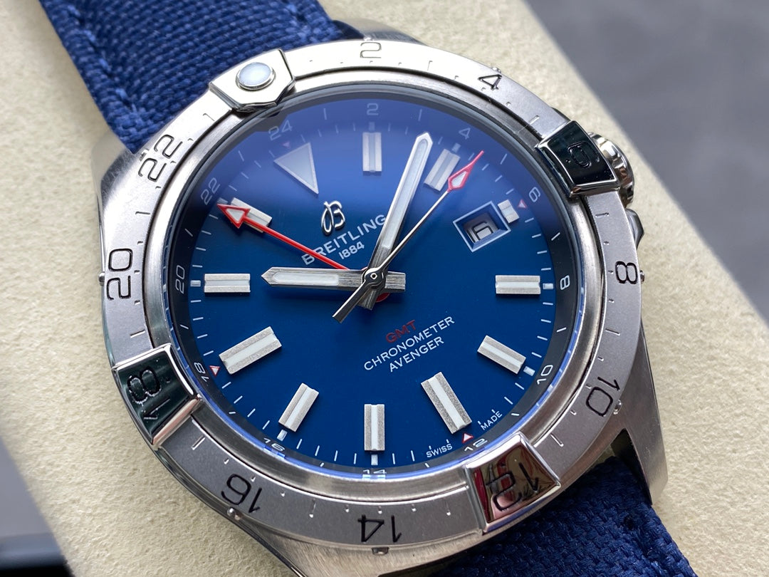 Avenger Chronometer 42mm GMT SS BLSF 1:1 Best Version Blue Dial On Blue Nylon Strap A2836