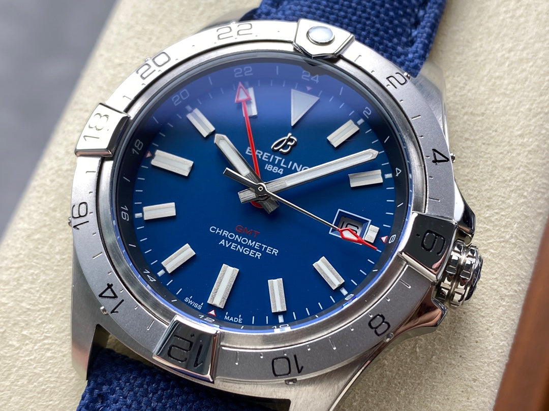 Avenger Chronometer 42mm GMT SS BLSF 1:1 Best Version Blue Dial On Blue Nylon Strap A2836