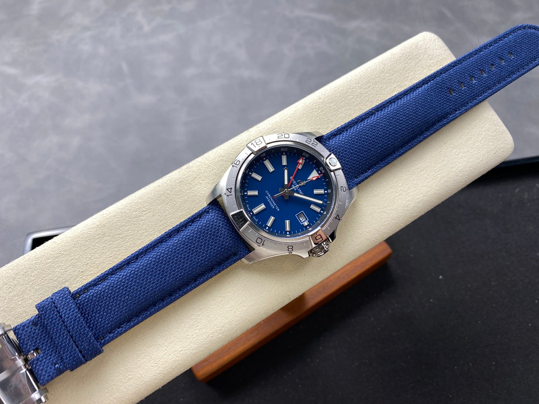 Avenger Chronometer 42mm GMT SS BLSF 1:1 Best Version Blue Dial On Blue Nylon Strap A2836