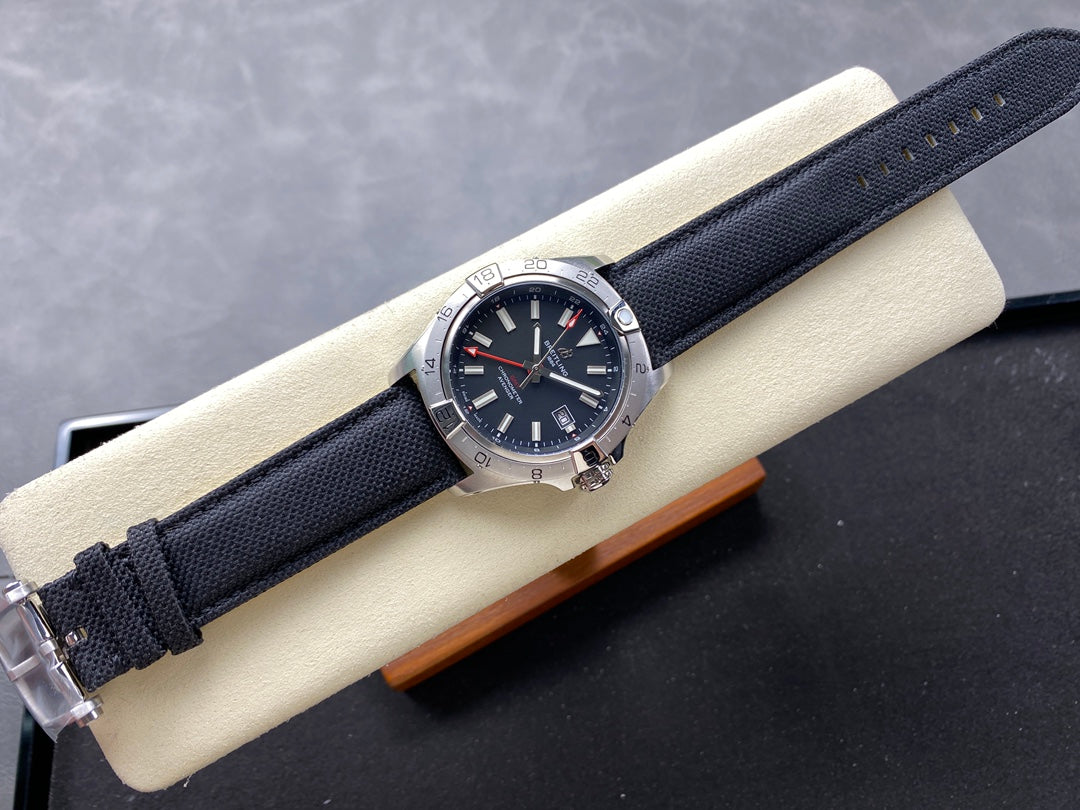Avenger Chronometer 42mm GMT Red Second Hand SS BLSF 1:1 Best Version Black Dial On Black Nylon Strap A2836