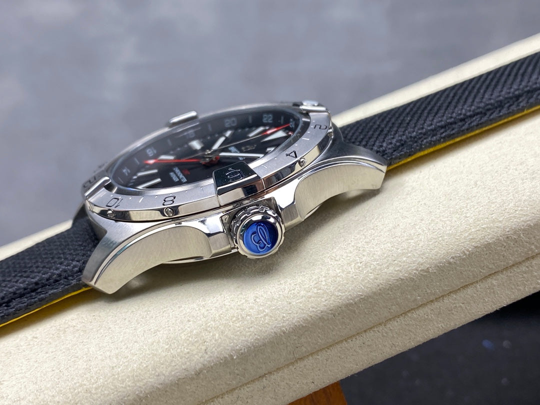 Avenger Chronometer 42mm GMT Red Second Hand SS BLSF 1:1 Best Version Black Dial On Black Nylon Strap A2836