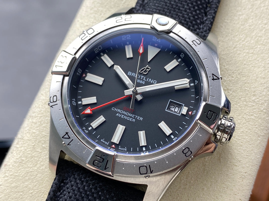 Avenger Chronometer 42mm GMT Red Second Hand SS BLSF 1:1 Best Version Black Dial On Black Nylon Strap A2836