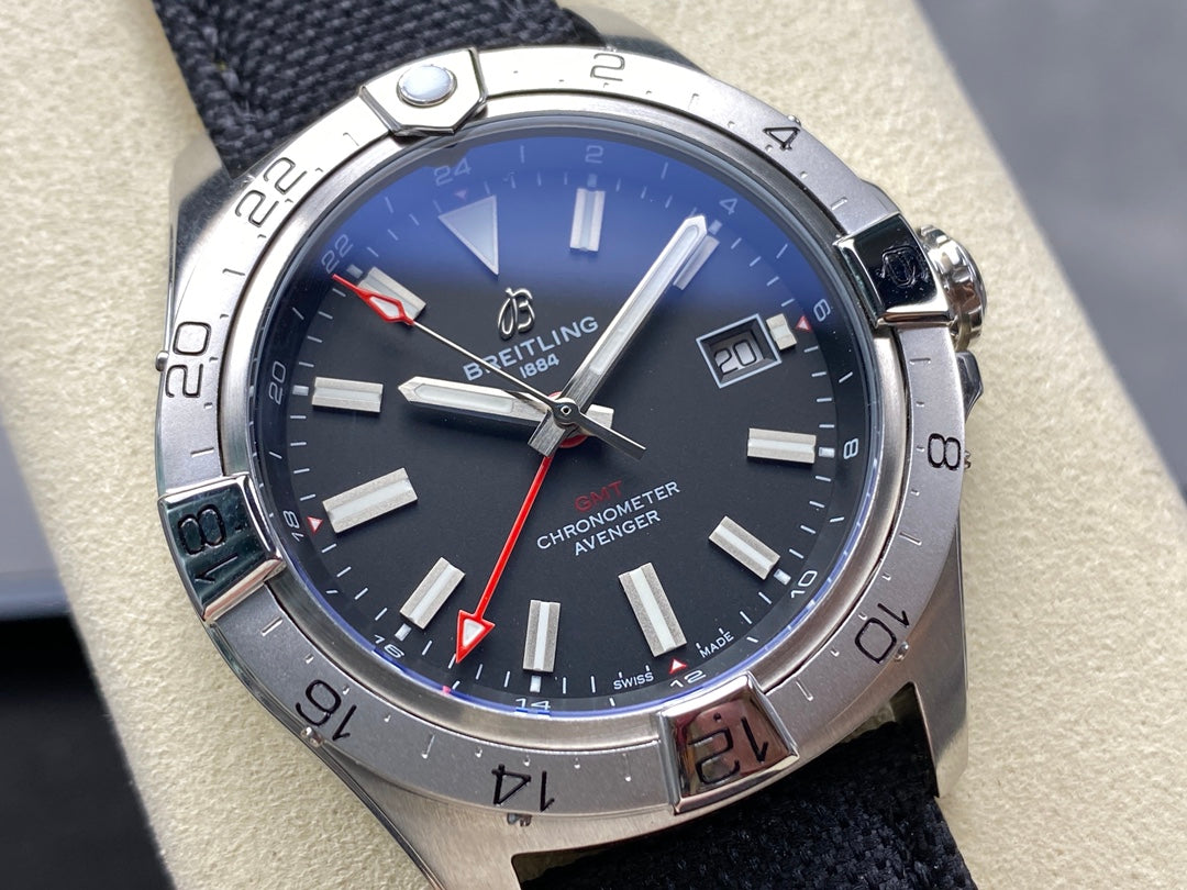 Avenger Chronometer 42mm GMT Red Second Hand SS BLSF 1:1 Best Version Black Dial On Black Nylon Strap A2836