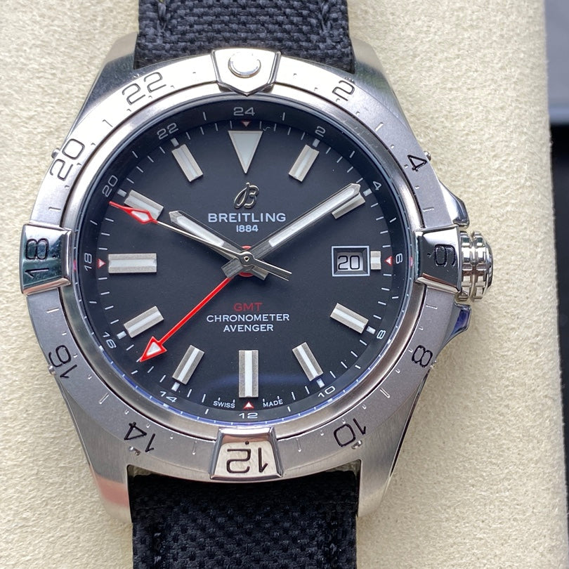 Avenger Chronometer 42mm GMT Red Second Hand SS BLSF 1:1 Best Version Black Dial On Black Nylon Strap A2836