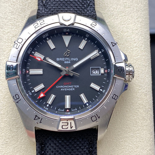 Avenger Chronometer 42mm GMT Red Second Hand SS BLSF 1:1 Best Version Black Dial On Black Nylon Strap A2836