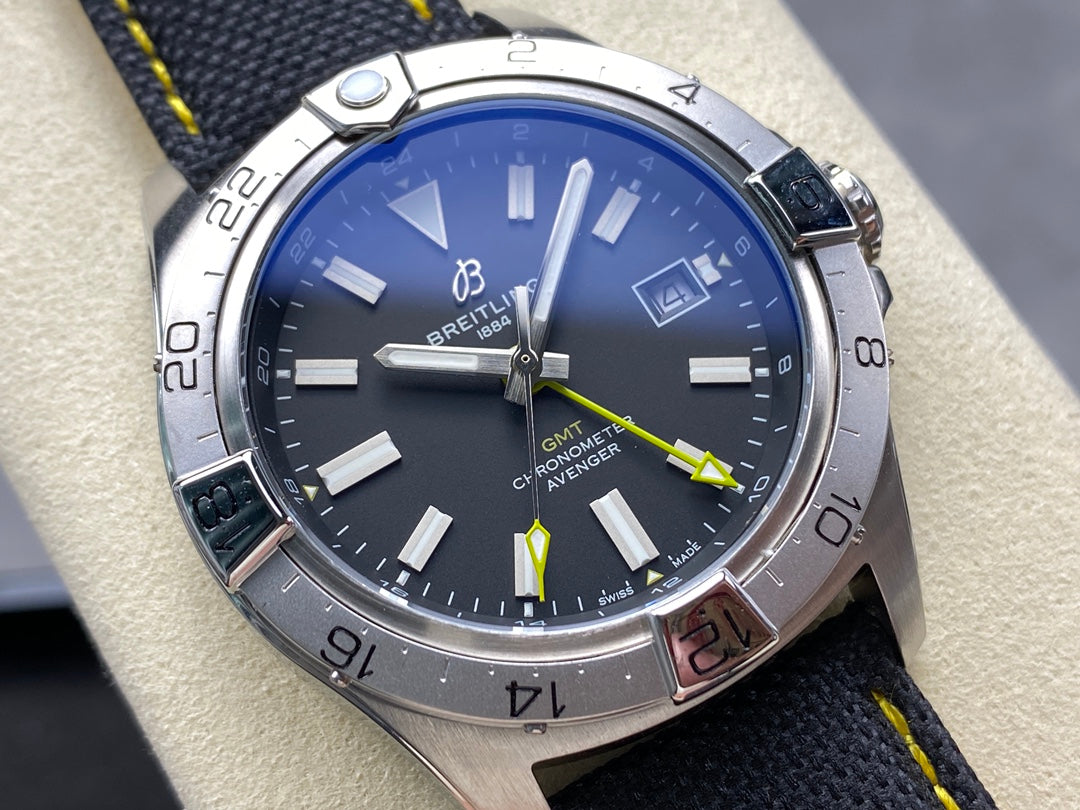 Avenger Chronometer 42mm GMT Yellow Second Hand SS BLSF 1:1 Best Version Black Dial On Black Nylon Strap A2836