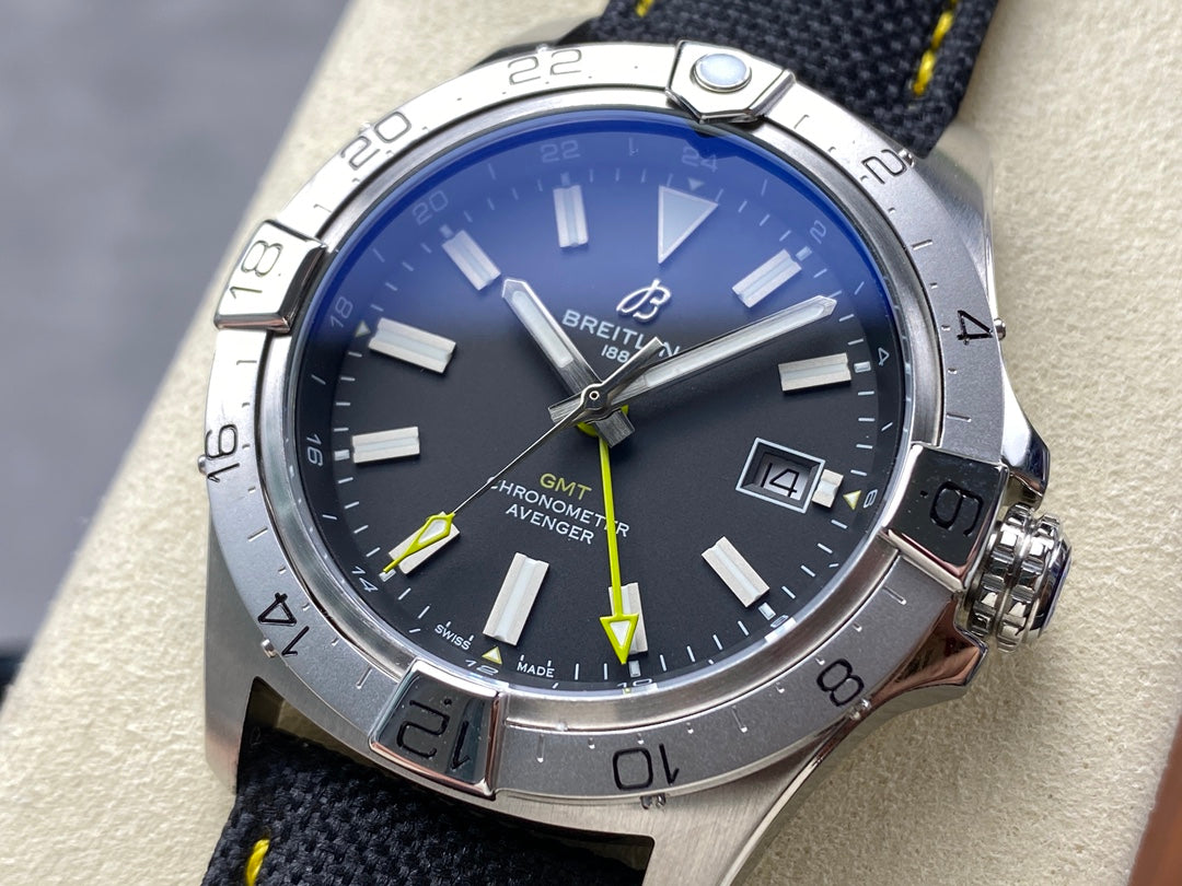 Avenger Chronometer 42mm GMT Yellow Second Hand SS BLSF 1:1 Best Version Black Dial On Black Nylon Strap A2836