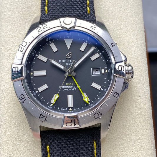 Avenger Chronometer 42mm GMT Yellow Second Hand SS BLSF 1:1 Best Version Black Dial On Black Nylon Strap A2836