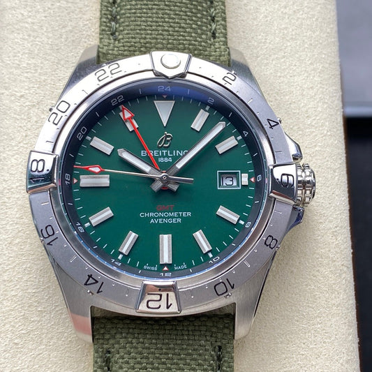 Avenger Chronometer 42mm GMT SS BLSF 1:1 Best Version Green Dial On Green Nylon Strap A2836