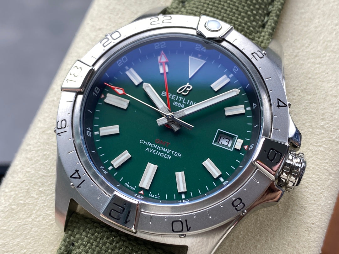 Avenger Chronometer 42mm GMT SS BLSF 1:1 Best Version Green Dial On Green Nylon Strap A2836