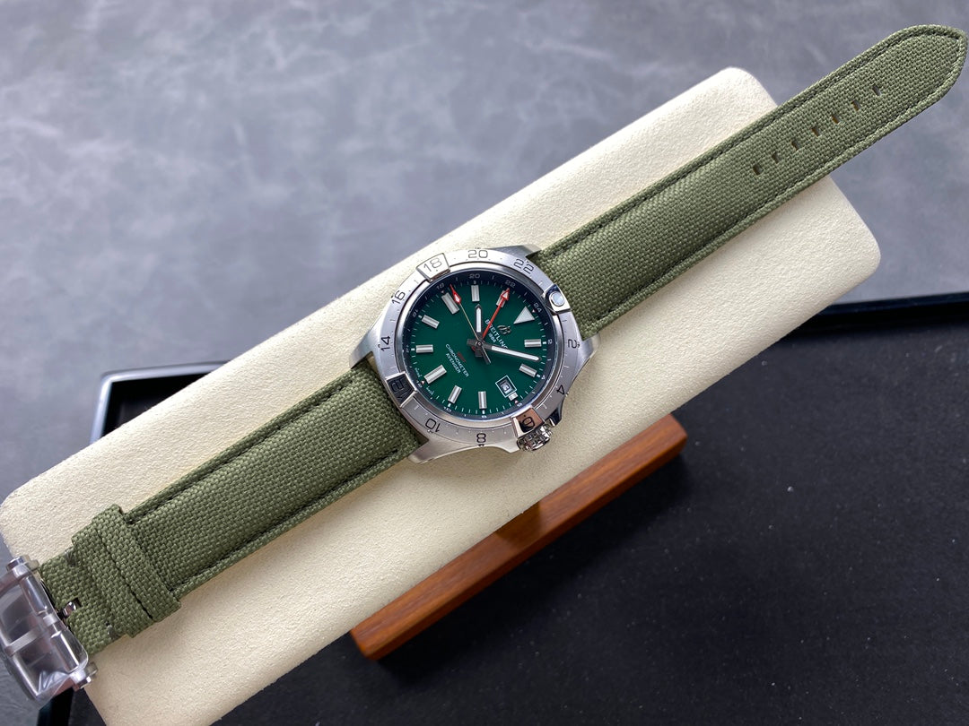 Avenger Chronometer 42mm GMT SS BLSF 1:1 Best Version Green Dial On Green Nylon Strap A2836
