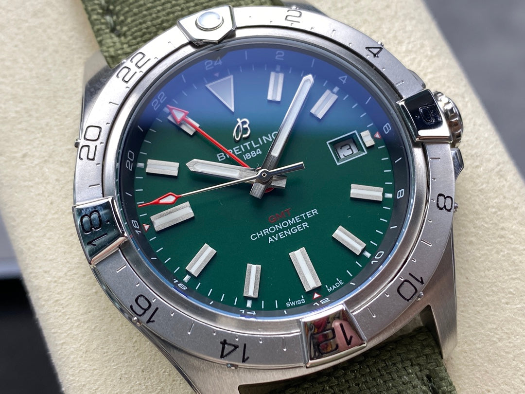 Avenger Chronometer 42mm GMT SS BLSF 1:1 Best Version Green Dial On Green Nylon Strap A2836
