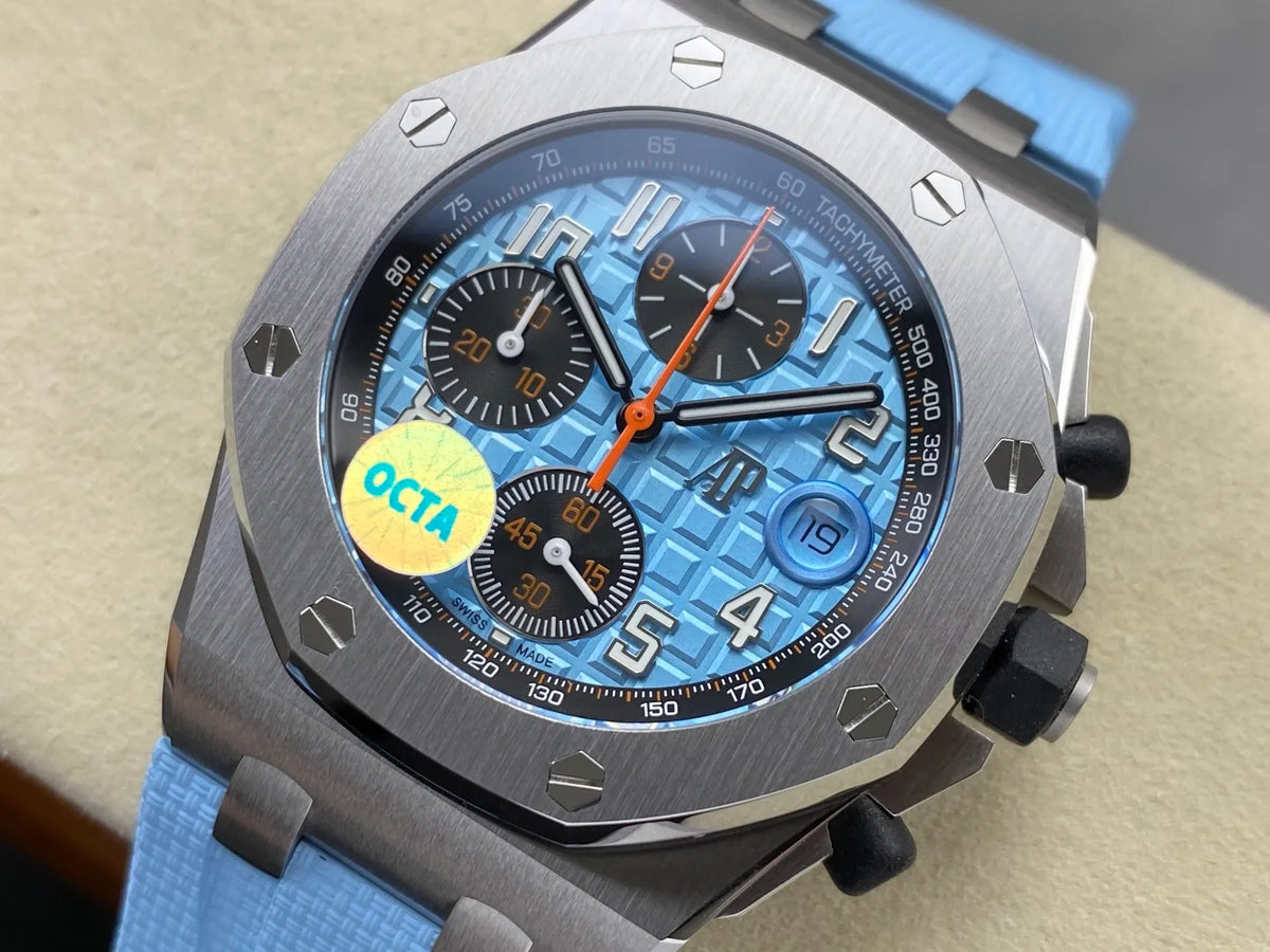 Royal Oak Offshore Chronograph 42mm 26238ST Stainless Steel Case OCTA 1:1 Best Edition Baby Blue on Blue Rubber Strap SA4404 Free Sprung