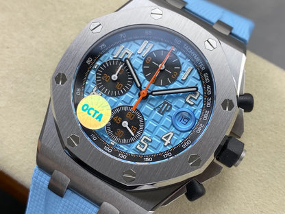 Royal Oak Offshore Chronograph 42mm 26238ST Stainless Steel Case OCTA 1:1 Best Edition Baby Blue on Blue Rubber Strap SA4404 Free Sprung