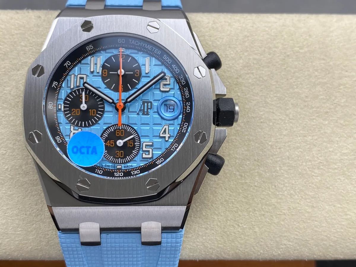Royal Oak Offshore Chronograph 42mm 26238ST Stainless Steel Case OCTA 1:1 Best Edition Baby Blue on Blue Rubber Strap SA4404 Free Sprung