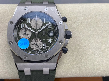 Royal Oak Offshore Chronograph 42mm 26238TI Titanium Case OCTA 1:1 Best Edition Khaki Green Dial on Green Rubber Strap SA4404 Free Sprung