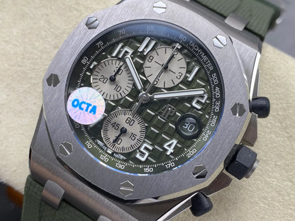 Royal Oak Offshore Chronograph 42mm 26238TI Titanium Case OCTA 1:1 Best Edition Khaki Green Dial on Green Rubber Strap SA4404 Free Sprung