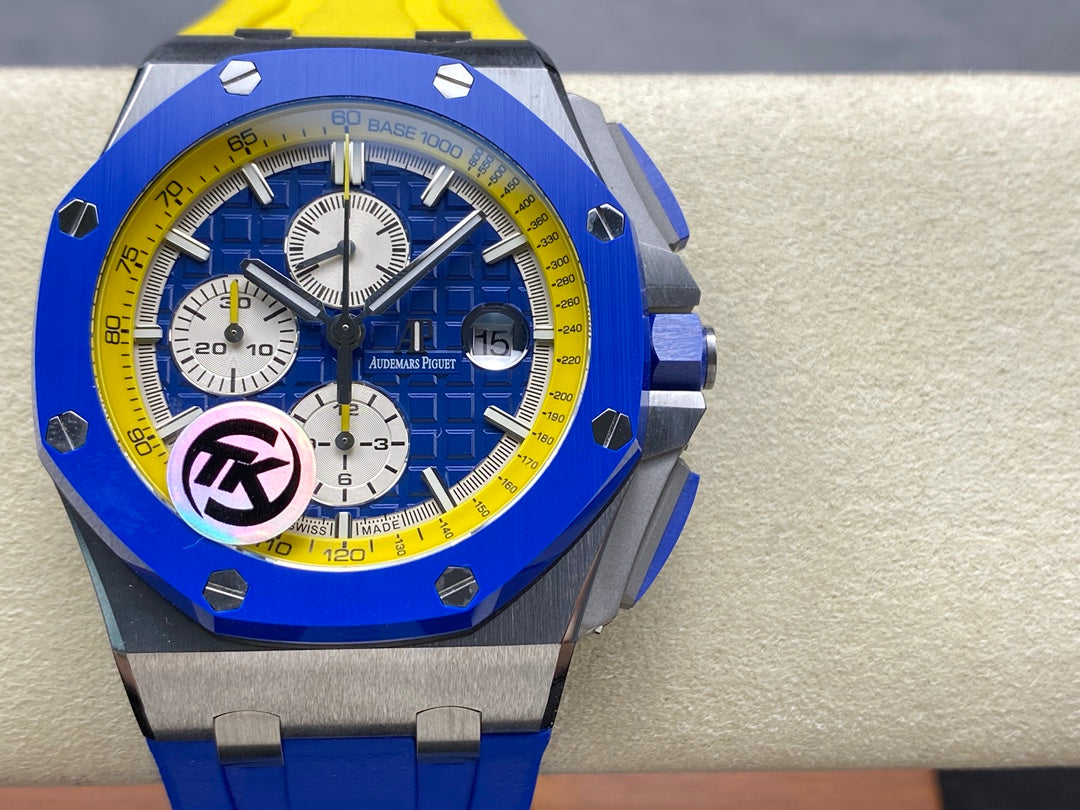 Royal Oak Offshore 44mm SS TKF 1:1 Best Edition Blue/Yellow Dial on Blue/Yellow Rubber Strap A3126