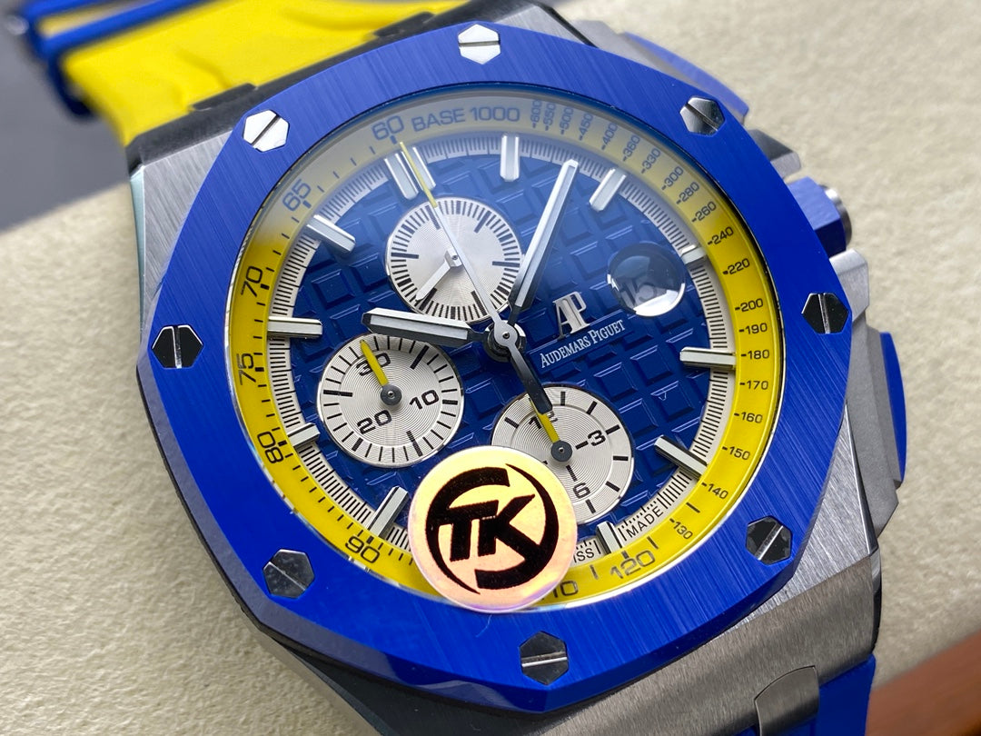 Royal Oak Offshore 44mm SS TKF 1:1 Best Edition Blue/Yellow Dial on Blue/Yellow Rubber Strap A3126