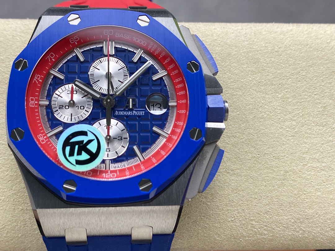 Royal Oak Offshore 44mm SS TKF 1:1 Best Edition Blue/Red Dial on Blue/Red Rubber Strap A3126
