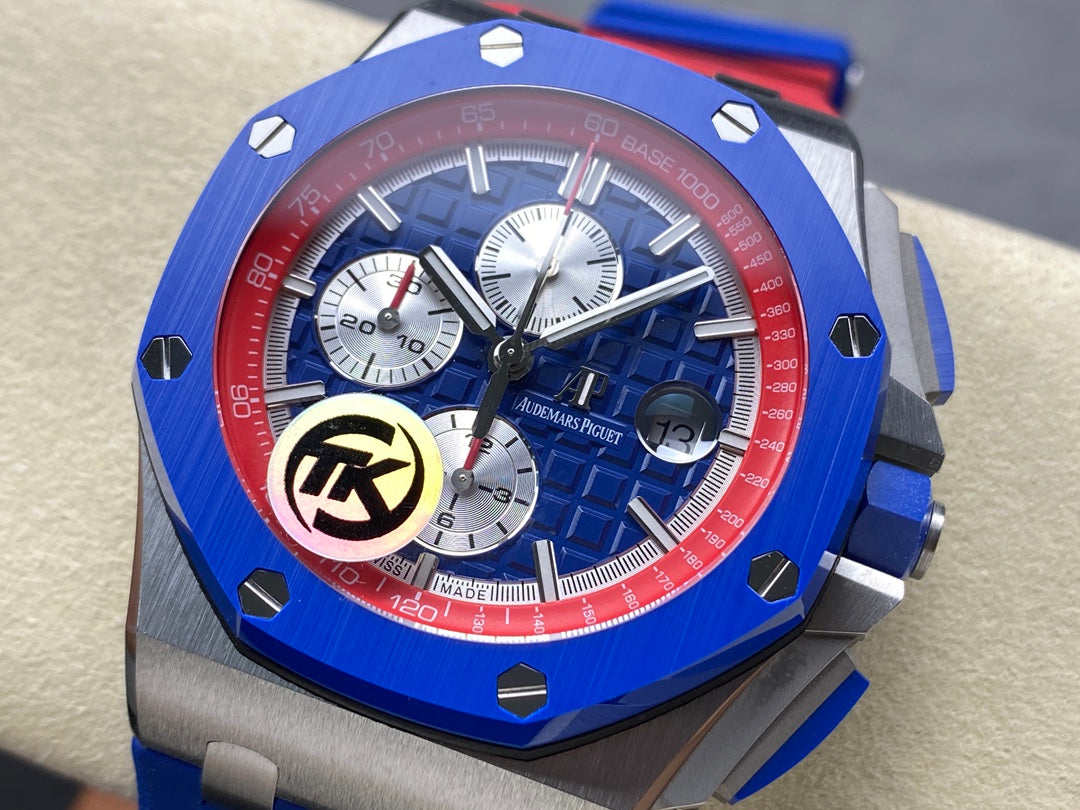 Royal Oak Offshore 44mm SS TKF 1:1 Best Edition Blue/Red Dial on Blue/Red Rubber Strap A3126