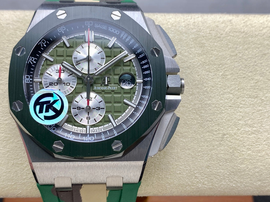 Royal Oak Offshore 44mm SS TKF 1:1 Best Edition Green Dial on Green Camou Rubber Strap A3126