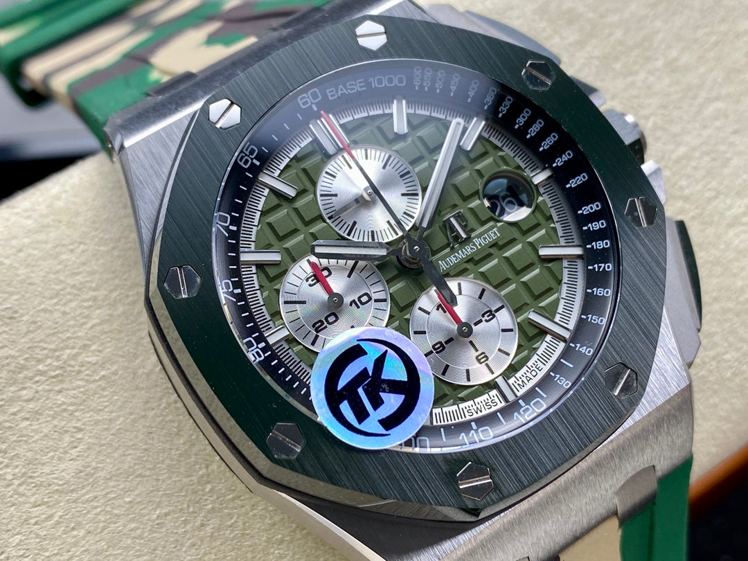 Royal Oak Offshore 44mm SS TKF 1:1 Best Edition Green Dial on Green Camou Rubber Strap A3126