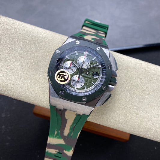 Royal Oak Offshore 44mm SS TKF 1:1 Best Edition Green Dial on Green Camou Rubber Strap A3126