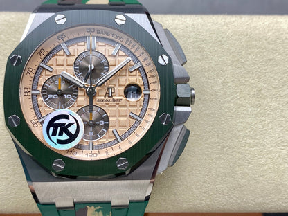Royal Oak Offshore 44mm SS TKF 1:1 Best Edition Cream Dial on Green Camou Rubber Strap A3126