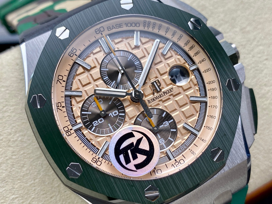 Royal Oak Offshore 44mm SS TKF 1:1 Best Edition Cream Dial on Green Camou Rubber Strap A3126