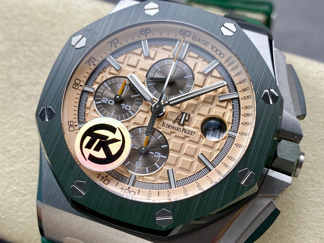 Royal Oak Offshore 44mm SS TKF 1:1 Best Edition Cream Dial on Green Camou Rubber Strap A3126