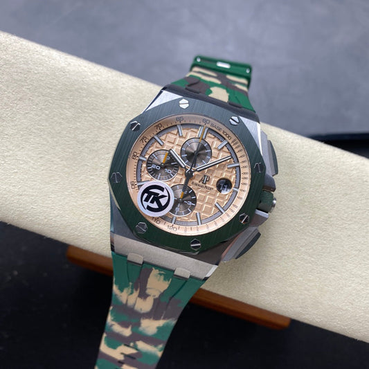 Royal Oak Offshore 44mm SS TKF 1:1 Best Edition Cream Dial on Green Camou Rubber Strap A3126