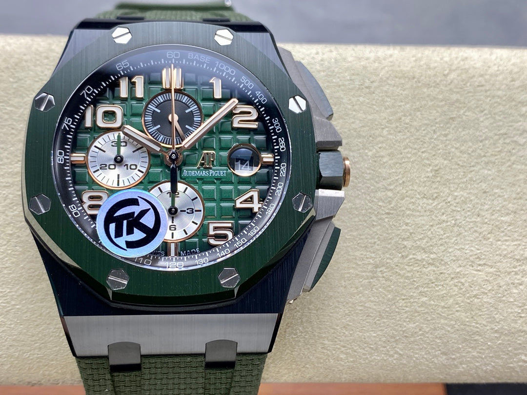Royal Oak Offshore 44mm Black Ceramic TKF Best Edition Green Dial on Green Rubber Strap A3126