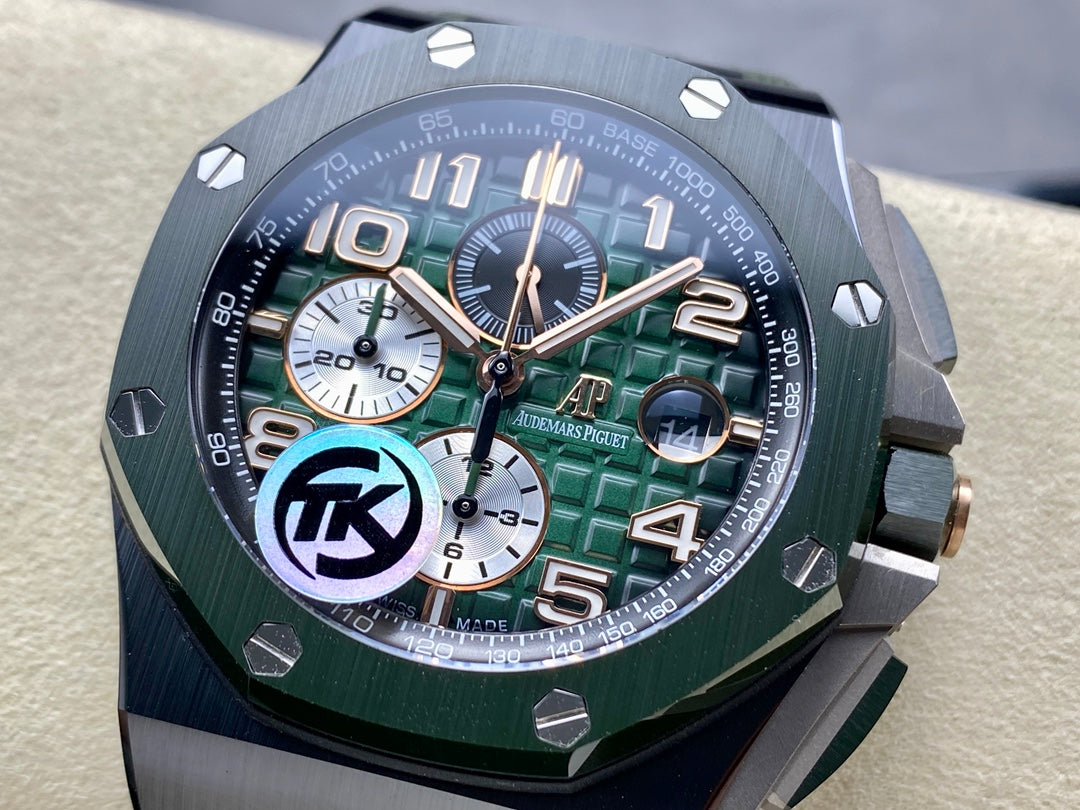 Royal Oak Offshore 44mm Black Ceramic TKF Best Edition Green Dial on Green Rubber Strap A3126